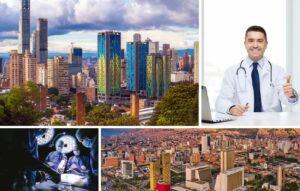 A vibrant collage captures the essence of Latin America's bustling city skyline, juxtaposed with a doctor expertly handling a laptop, a dynamic surgery scene, and an aerial view. This visual tapestry invites exploration into the growing trend of medical tourism in the region.