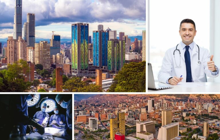 A vibrant collage captures the essence of Latin America's bustling city skyline, juxtaposed with a doctor expertly handling a laptop, a dynamic surgery scene, and an aerial view. This visual tapestry invites exploration into the growing trend of medical tourism in the region.