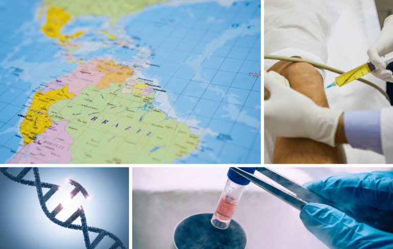 A collage featuring a map of Latin America, a person receiving an injection, a DNA strand, and a gloved hand holding a test tube illustrates the intricate layers of healthcare advancements in the region.