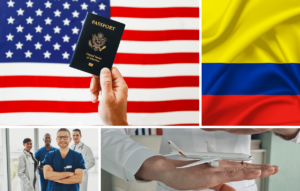 An American passport holder stands before the Colombian and U.S. flags. Below, smiling medical professionals and a person with a model airplane hint at travel or international healthcare, reflecting the journey of American medical tourists as outlined in a comprehensive guide.