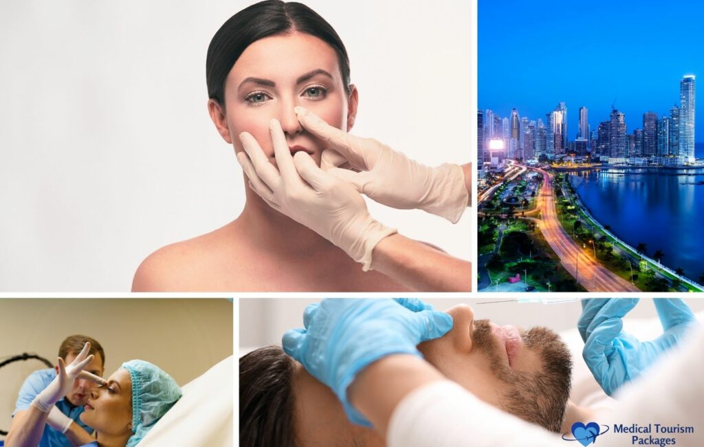 A collage of four images features a rhinoplasty procedure, the vibrant skyline of Panama's coastal city, a patient in surgical attire, and a doctor meticulously examining a man's nose.