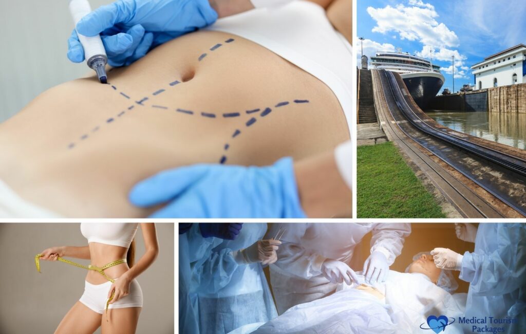 Collage showcasing cosmetic surgery elements, including abdominoplasty markers on a torso, a measuring tape, a surgical scene, and images of a shipyard beside a cruise ship headed toward Panama.