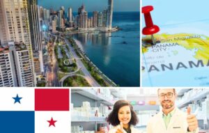 A vibrant collage depicting the Panama City skyline, a map with a red pin, the Panama flag, and two people in a pharmacy highlights Panama’s burgeoning medical tourism appeal.