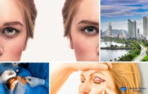 Primer plano de los ojos de una mujer, antes y después de la blefaroplastia. El procedimiento de lifting de ojos se enmarca en el horizonte de una ciudad, con un profesional médico dibujando el párpado.