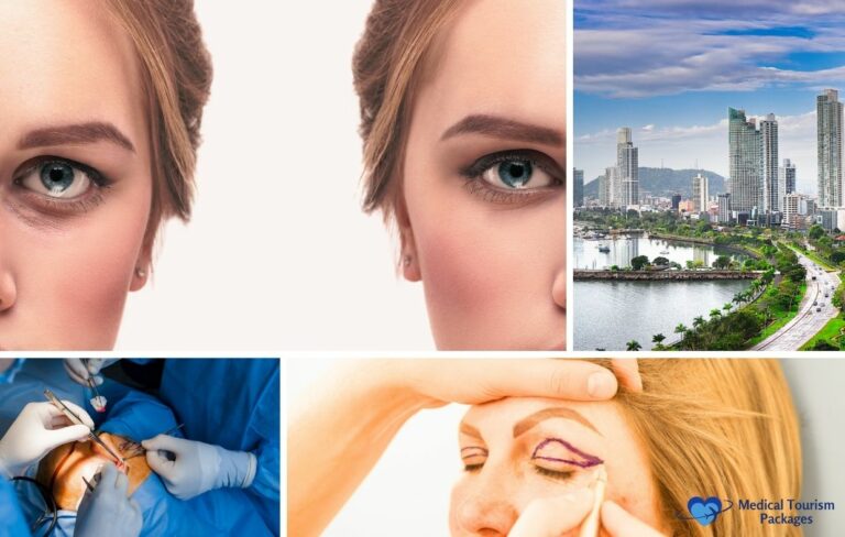 Close-up of a woman's eyes, before and after blepharoplasty. The eye lift procedure is set against a city skyline, with a medical professional drawing on the eyelid.