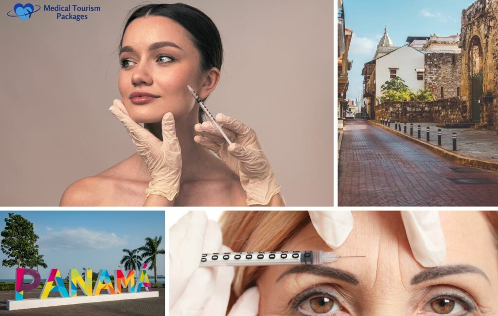 A woman receiving Botox injections, a charming cobblestone street in a historic area, and the colorful Panama sign create a vivid tapestry of beauty and culture. A close-up reveals an anti-aging cosmetic injection near her eyebrows, highlighting the blend of tradition and modern enhancement.