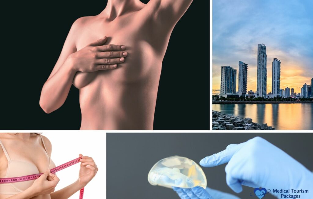 Collage: Woman covering chest, urban Panama cityscape, woman measuring chest with tape, gloved hand holding breast implant, hinting at the transformative journey of breast augmentation or mammoplasty.