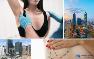 Collage que muestra a una mujer con un top negro siendo examinada para una reducción de pecho, rascacielos de la ciudad de Panamá, y una zona marcada en la piel, con el logo "Medical Tourism Packages".