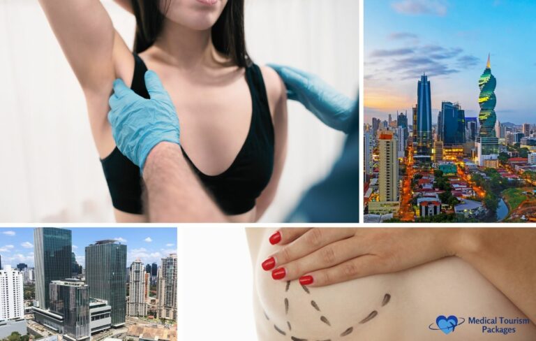 Collage showing a woman in a black top being examined for breast reduction, city skyscrapers of Panama, and a marked area on skin, with the "Medical Tourism Packages" logo.