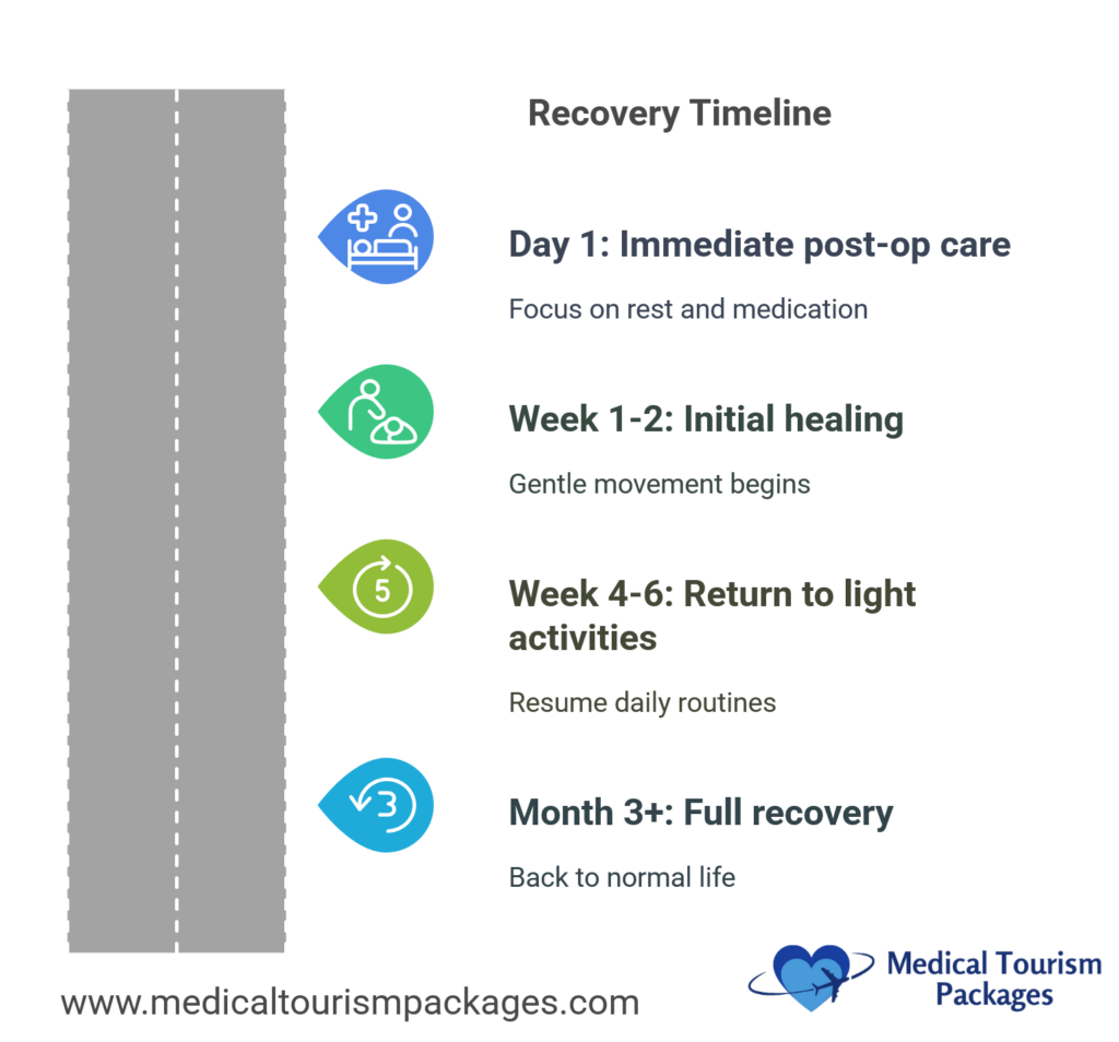 Infografía de línea de tiempo vertical que muestra cuatro etapas de recuperación después de la cirugía de reducción mamaria, desde el Día 1 hasta el Mes 3+, usando iconos azules, verdes y turquesas junto a un camino gris, con descripciones detalladas para cada hito de recuperación.