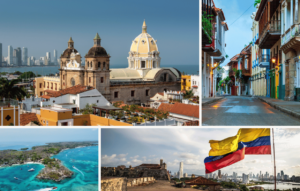 Collage of Cartagena, Colombia: the historic buildings of the Walled City, vibrant streets, an aerial view of the coast near Rosario Islands, and Colombian flags fluttering over stone walls with a cityscape in the background.