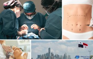 Collage de turismo médico: cirujanos en operación, estómago marcado para cirugía estética, tratamiento facial, horizonte de Ciudad de Panamá con bandera, mostrando el encanto del lujo asequible.