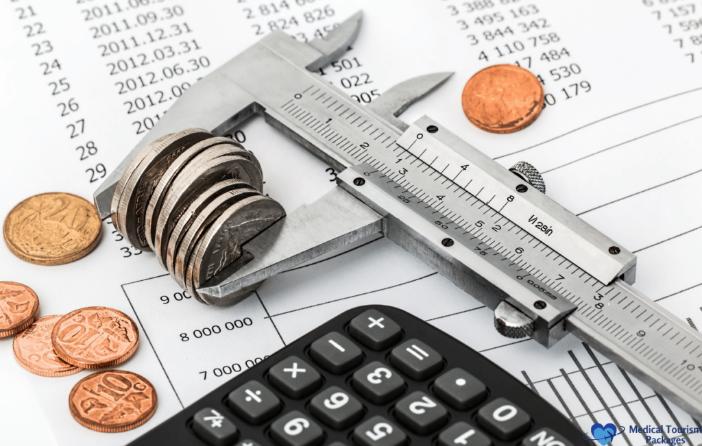 Coins clamped by a caliper on a financial report with a calculator indicate Colombia's emerging role in investment opportunities, particularly in medical tourism.