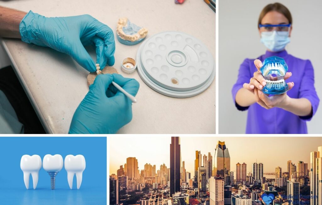 Un vibrante collage capta el trabajo dental y a un dentista sosteniendo un modelo, sobre un horizonte urbano. Destaca la atención asequible en Panamá y muestra implantes dentales avanzados para quienes buscan un tratamiento de calidad en el extranjero.