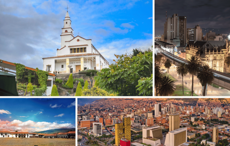 Experience a vivid collage of cityscapes: a charming church on a Colombian hillside, a city at dusk, a colonial plaza framed by mountains, and the modern skyline of high-rises. This visual guide captures Colombia's diverse tourist attractions in one breathtaking panorama.