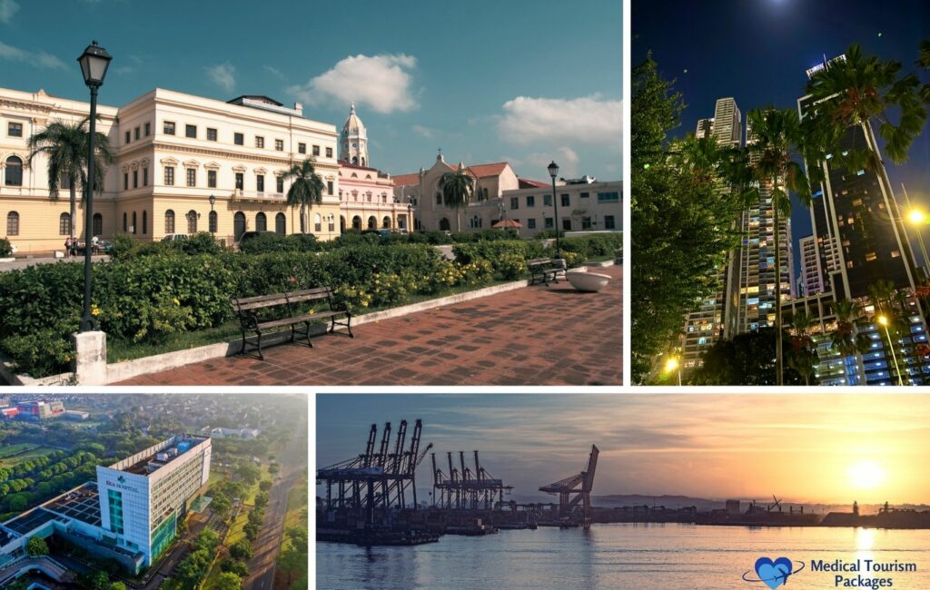 Collage de paisajes urbanos: edificio histórico con palmeras en Panamá, rascacielos de noche, arquitectura moderna rodeada de vegetación y un bullicioso puerto con grúas al atardecer.