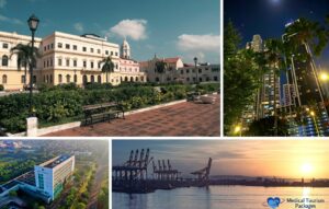 Collage de paisajes urbanos: edificio histórico con palmeras en Panamá, rascacielos de noche, arquitectura moderna rodeada de vegetación y un bullicioso puerto con grúas al atardecer.