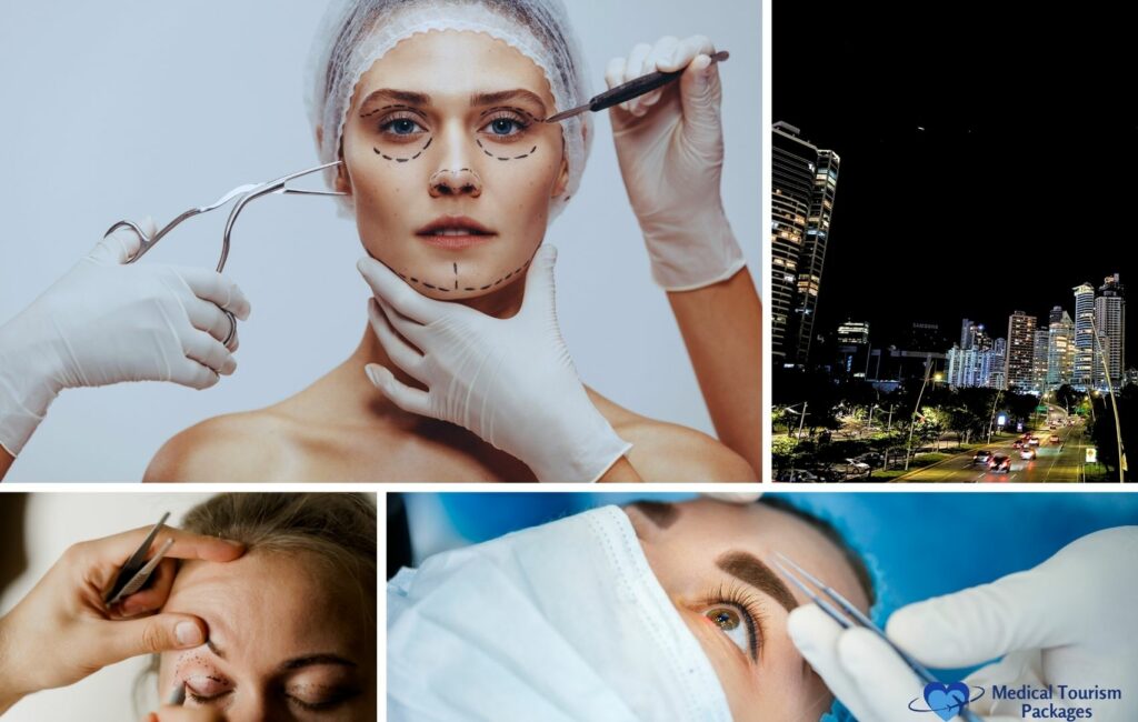 Un collage que muestra procedimientos cosméticos: una mujer con marcas quirúrgicas, un primer plano de un modelado de cejas, un lifting de ojos durante una operación y un paisaje urbano nocturno.