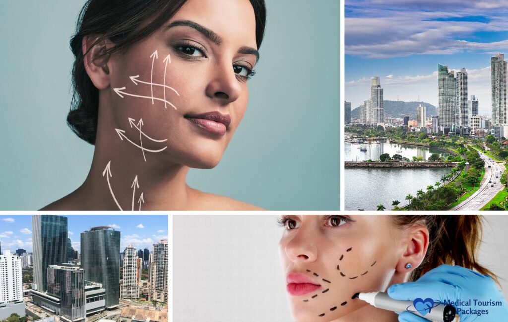 Un collage que muestra a una mujer con marcas faciales, el vibrante horizonte de Panamá con sus imponentes estructuras, y la marca del turismo médico.