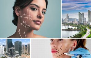 Un collage que muestra a una mujer con marcas faciales, el vibrante horizonte de Panamá con sus imponentes estructuras, y la marca del turismo médico.