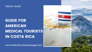 Descubra la portada de la guía de viajes definitiva para turistas médicos estadounidenses en Costa Rica, que muestra una guía completa con un mapa adornado con banderas e impresionantes vistas de las montañas.