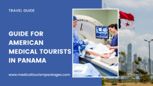 Portada de la guía de viajes con el texto "Guía para turistas médicos estadounidenses en Panamá", que muestra el turismo médico en Panamá con un vibrante paisaje urbano y una bandera ondeante.