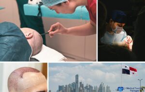 Collage of a hair restoration procedure, close-up of patient's head, surgeon with tools, and skyline with a Panama flag.