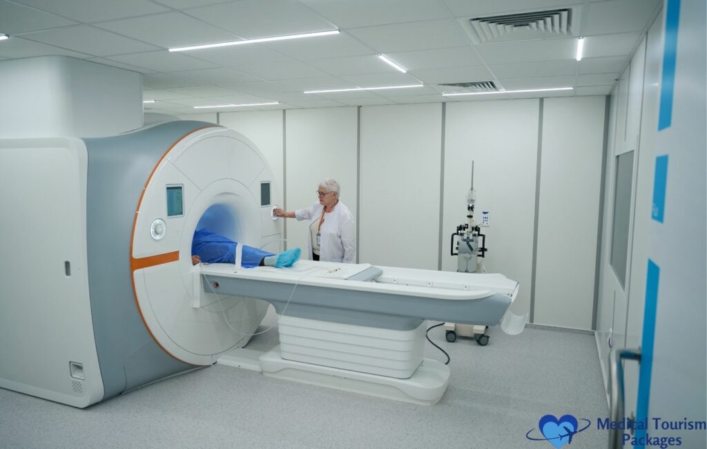 A patient lies in an MRI machine while a technician operates it in a modern medical facility, highlighting the growing trend of medical tourism in Latin America.