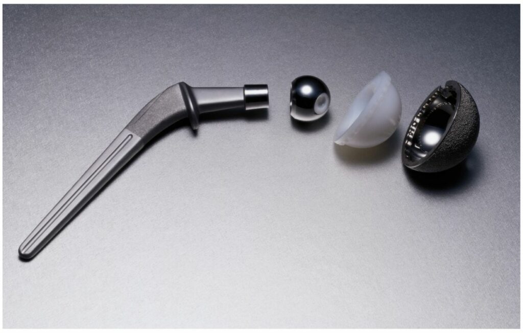 Components of a hip replacement prosthesis are laid out on a flat surface, showcasing the elements used in hip replacement surgery in Colombia: a metal stem, ball, plastic liner, and metal cup. These parts highlight the cost and quality guide for those considering this procedure.