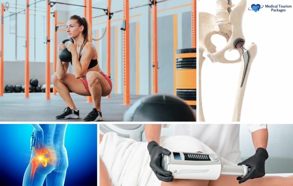 Collage of a woman exercising, a hip joint illustration, a highlighted hip joint, and a medical device being used on a patient's leg, reflecting insights from Colombia's Cost and Quality Guide on hip replacement surgery.