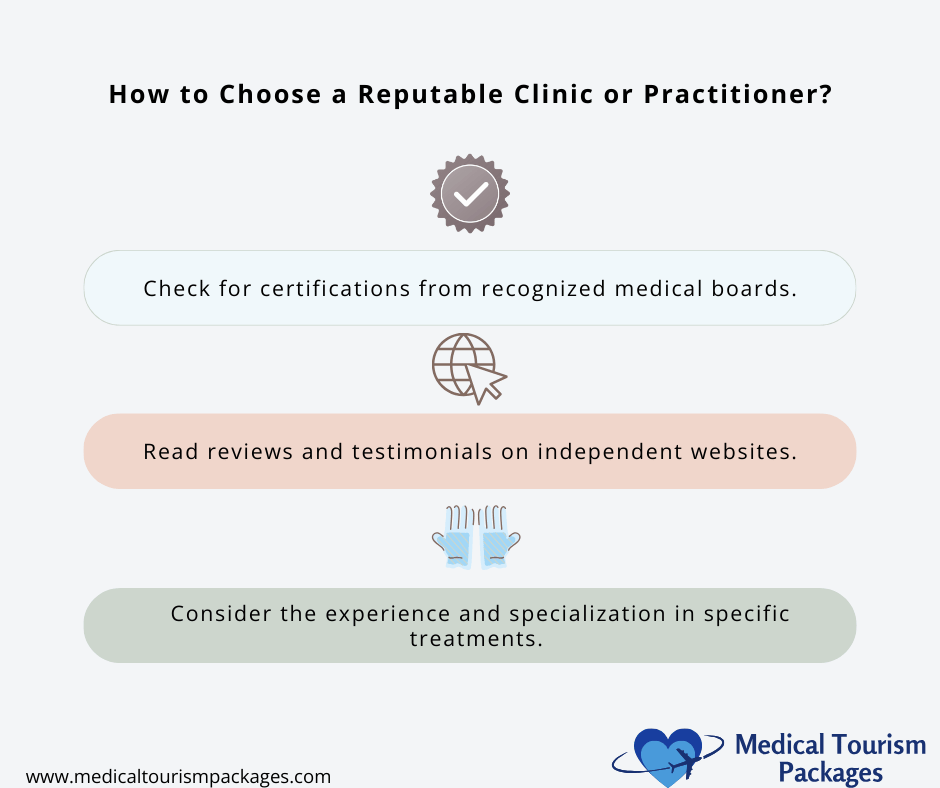 Infographic on choosing a reputable clinic in Colombia: check certifications, read reviews, consider experience and specialization, especially for non-surgical aesthetic procedures.