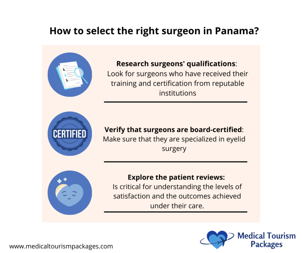 Infografía sobre la selección de un cirujano en Panamá: Investigue las calificaciones, verifique la certificación de la junta y explore los comentarios de los pacientes, pasos esenciales para aquellos que están considerando procedimientos como la blefaroplastia.