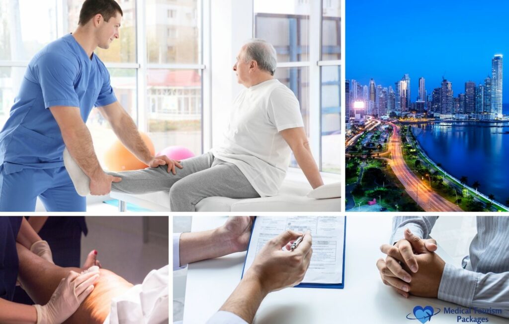 A collage featuring knee replacement, a bustling city skyline of Panama, a doctor discussing treatment plans, images of knee surgery, and a logo for medical tourism packages offers an insightful patient guide.