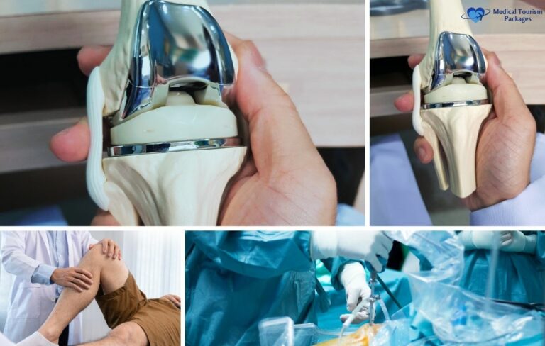 A collage depicts a knee joint model, a doctor examining a patient's knee, and a surgical procedure in progress, illustrating the growing trend of medical tourism in Colombia for knee replacement procedures.