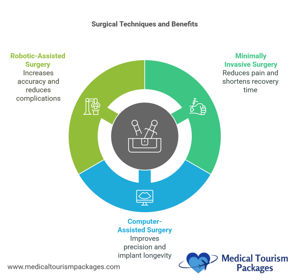 Infographic on surgical techniques: robotic-assisted, minimally invasive, and computer-assisted surgery in knee replacement; highlighting benefits like accuracy, reduced pain, and improved precision. Discover why Colombia is becoming a hub for medical tourism with these advanced procedures.