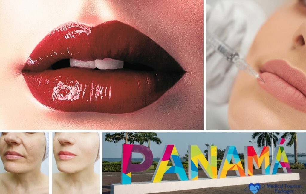 A vibrant collage depicts red lips, a lip injection, the transformation before and after a cosmetic procedure, and the colorful Panamá sign, highlighting Panama's world-class clinics renowned for lip augmentation.