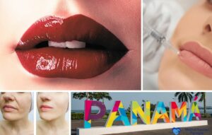 Un vibrante collage muestra unos labios rojos, una inyección labial, la transformación antes y después de un procedimiento cosmético, y el colorido letrero de Panamá, destacando las clínicas panameñas de renombre mundial para el aumento de labios.