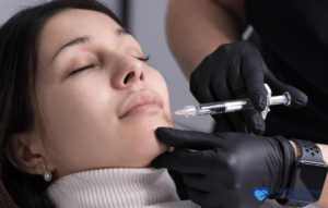 A person receives a cosmetic injection in the lip area from a gloved professional, following a comprehensive guide to lip augmentation techniques.