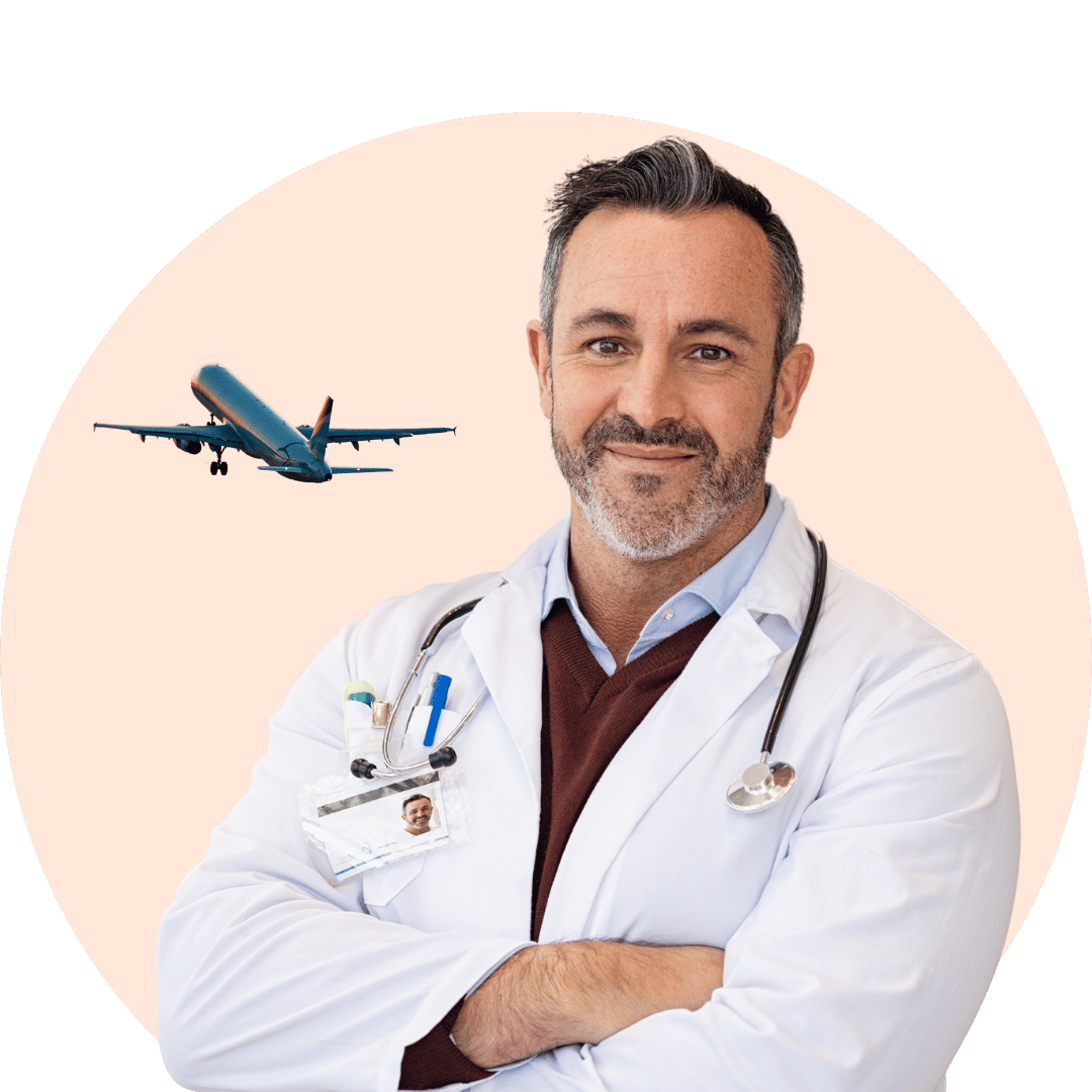 A doctor with a stethoscope and crossed arms stands confidently against a peach background; an airplane soars gracefully overhead, symbolizing the seamless fusion of medical tourism and global exploration.