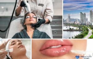 Collage: Mujer recibiendo procedimientos estéticos no quirúrgicos, primer plano de una inyección labial, horizonte de Panamá con edificios modernos y logotipo de paquetes de turismo médico.