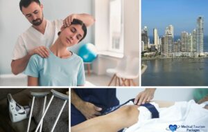 Collage with images of chiropractic treatment, skyline view of a city, crutches with a foot cast, and knee examination in Panama, labeled "Medical Tourism Packages." A comprehensive patient guide to orthopedic surgery highlights everything you need for your healthcare journey.