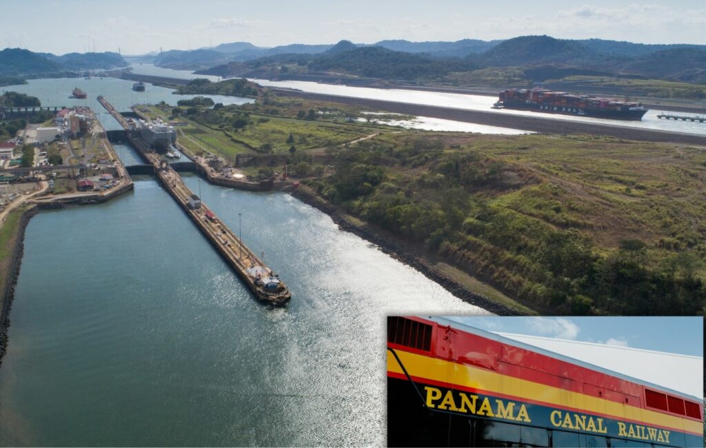 Vista aérea del Canal de Panamá, una de las principales atracciones de Panamá, con barcos atravesándolo. El recuadro muestra un primer plano de un tren del Canal de Panamá con su logotipo visible. Una exuberante vegetación rodea el canal.