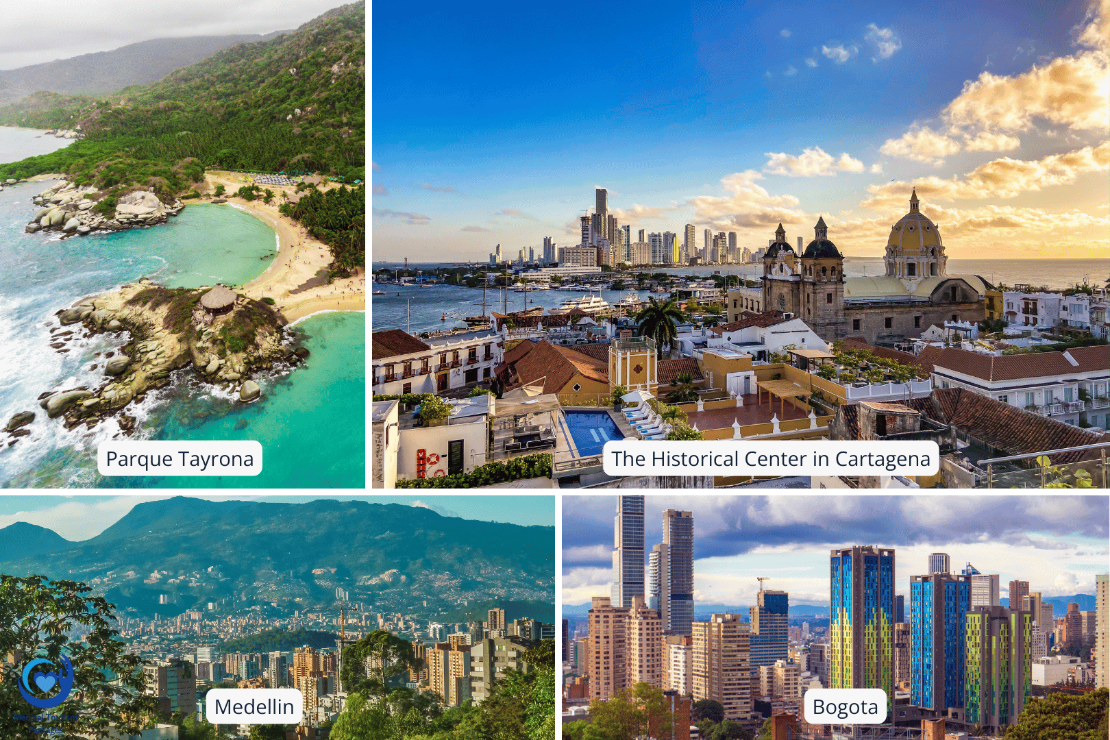 Explore the vibrant tapestry of Latin America with a collage of Colombian landscapes: Parque Tayrona beach, Cartagena's historical center, Medellin cityscape, and Bogota skyline, each inviting you on an unforgettable travel adventure.