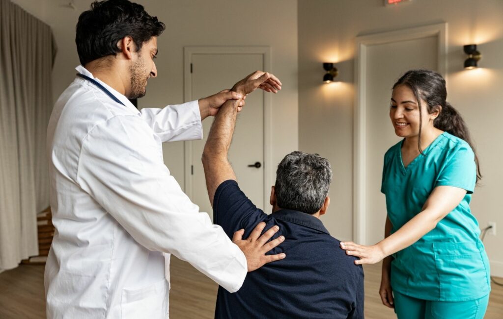 An expert orthopedics professional assists a seated man in lifting his arm, showcasing their skill in post-shoulder surgery care, while another person in scrubs stands nearby, smiling with encouragement.