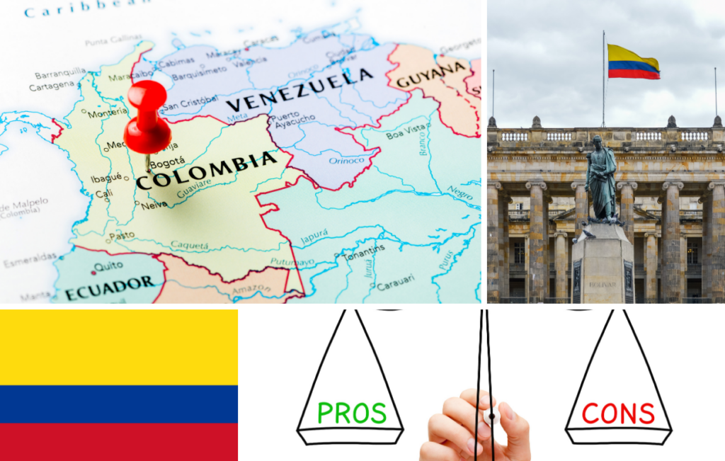 A map of Colombia with a pin marks the vibrant nation, while a Colombian flag adorns a building. The yellow, blue, and red stripes flutter nearby. A balance scale highlights the pros and cons of medical tourism in Colombia, inviting visitors to explore its opportunities and challenges.