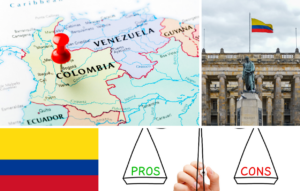 A map of Colombia with a pin marks the vibrant nation, while a Colombian flag adorns a building. The yellow, blue, and red stripes flutter nearby. A balance scale highlights the pros and cons of medical tourism in Colombia, inviting visitors to explore its opportunities and challenges.