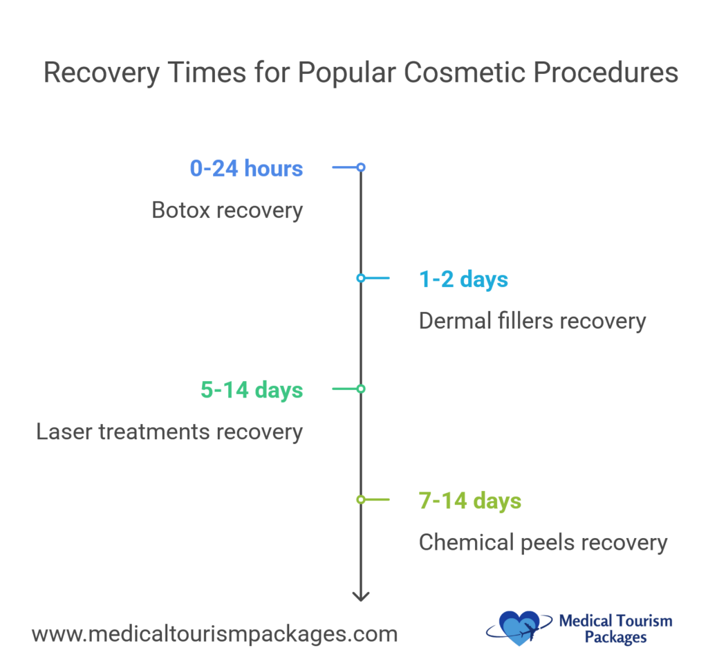 Infografía cronológica vertical que muestra los periodos de recuperación de cuatro procedimientos estéticos: Botox (0-24 horas) en azul, rellenos dérmicos (1-2 días), tratamientos con láser (5-14 días) y peelings químicos (7-14 días) en verde, con líneas de conexión y nombres de procedimientos, con el logotipo de Medical Tourism Packages.