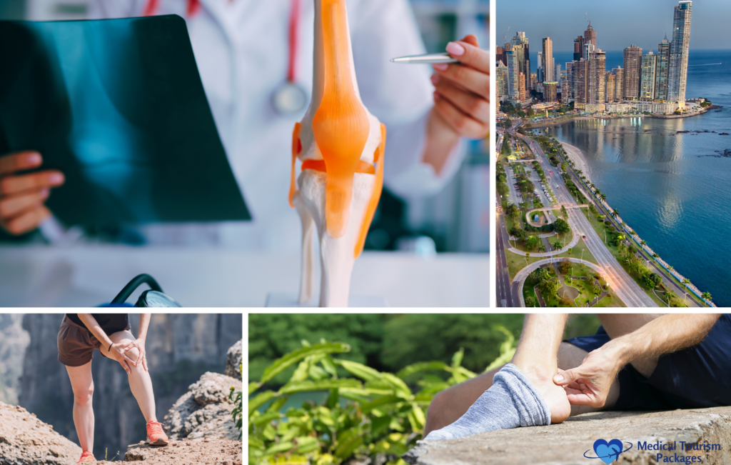 Collage of images showcasing a doctor with a knee model, a vibrant Panama city skyline, a person holding their knee, and someone putting on a shoe.