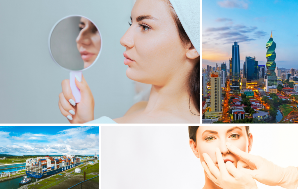 Collage: Woman examining face in mirror, skyline with spiral building, Panama shipping canal with container ships, and hands adjusting a woman's nose after rhinoplasty surgery.