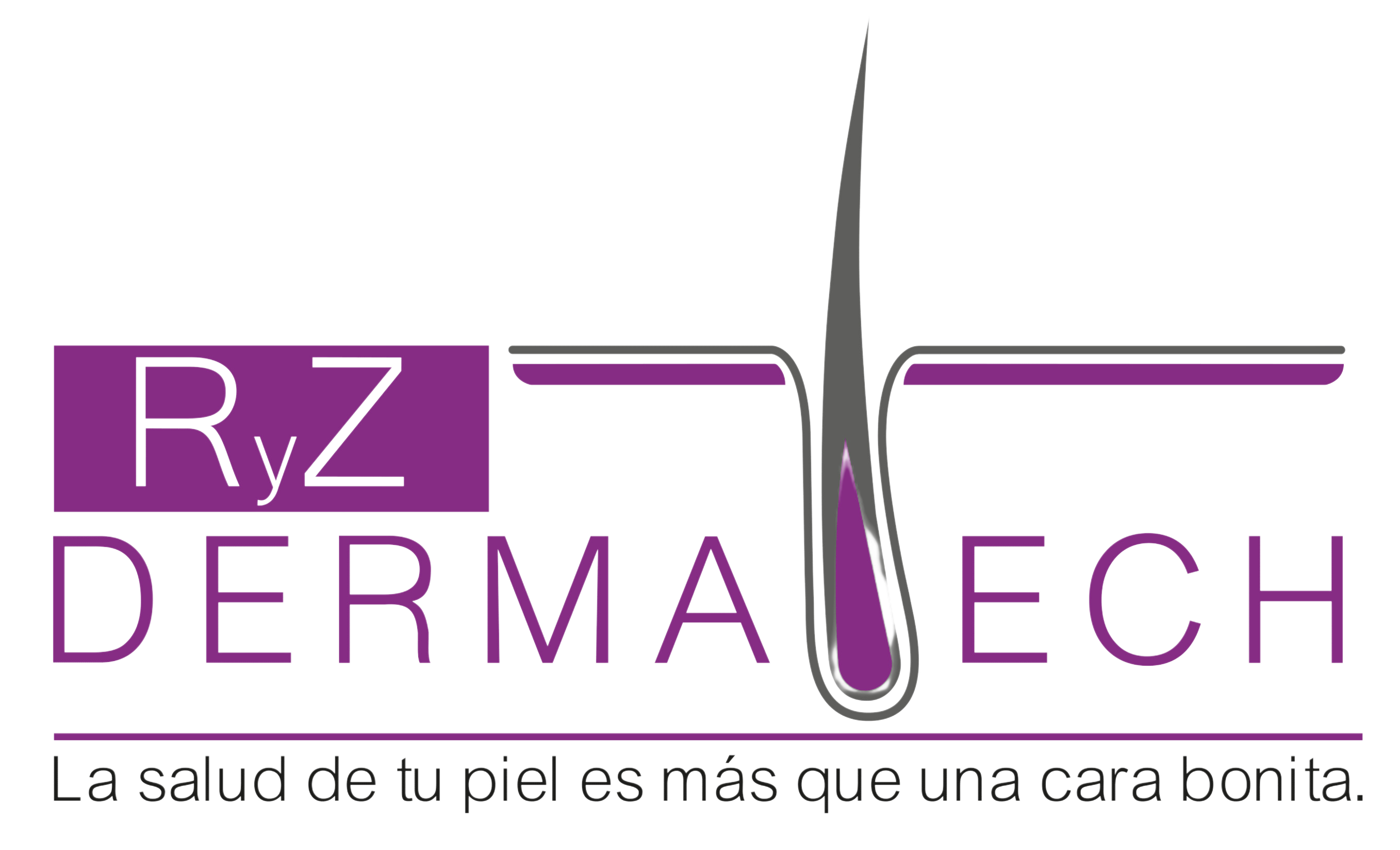 Logo of RyZ Dermatech featuring a hair strand graphic and the caption "La salud de tu piel es más que una cara bonita", showcasing our commitment to your health. Partners in skin wellness, we ensure beauty goes beyond the surface.